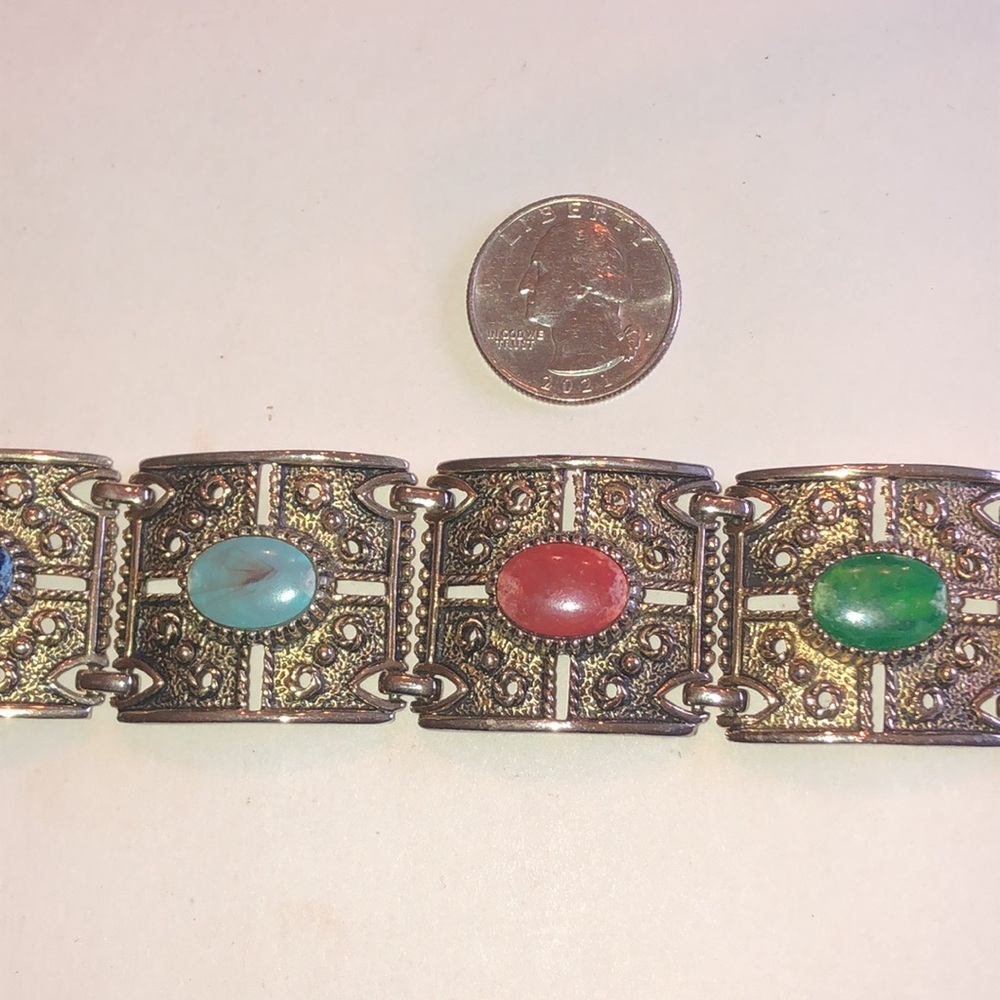 Sarah Coventry Vintage Ornate Link Bracelet with Colored Cabochons - Picture 6 of 8
